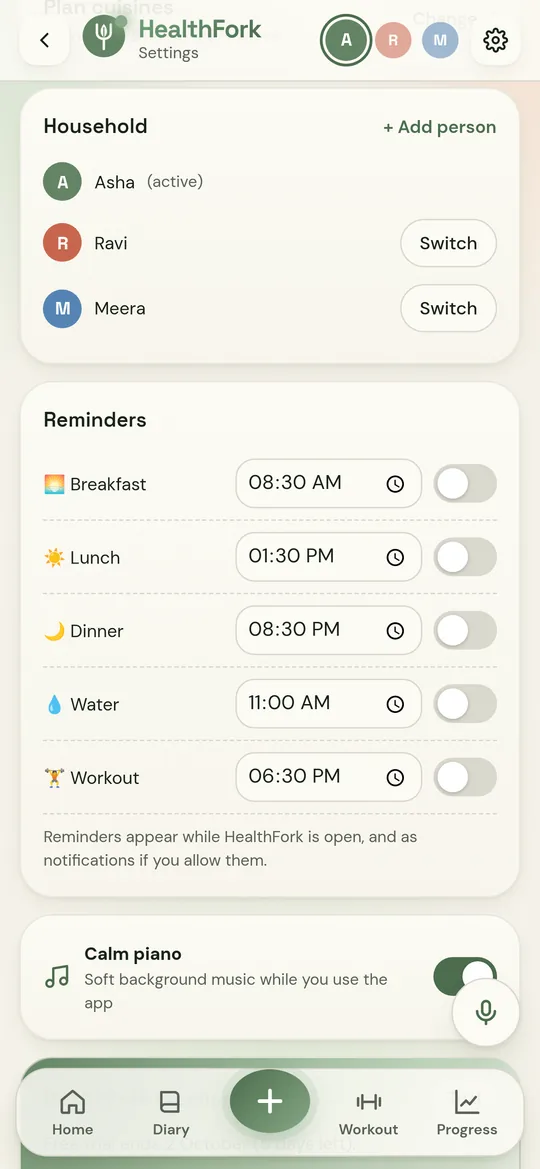 Household settings showing three family members